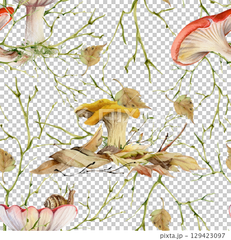 Golden chanterelle girolle, russula cortinarius webcap mushroom on top of fallen autumn leaves pile. Fungi nature seamless pattern hand drawn in watercolor. Brambles, twisting branches twigs net grid 129423097