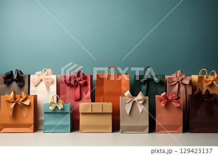 Colorful shopping items arranged with empty space for promotional text, ideal for marketing banners, sales ads, or social media. 129423137