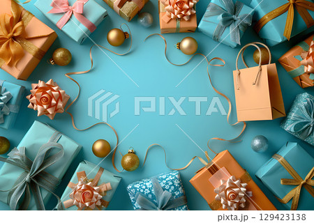 Colorful shopping items arranged with empty space for promotional text, ideal for marketing banners, sales ads, or social media. 129423138