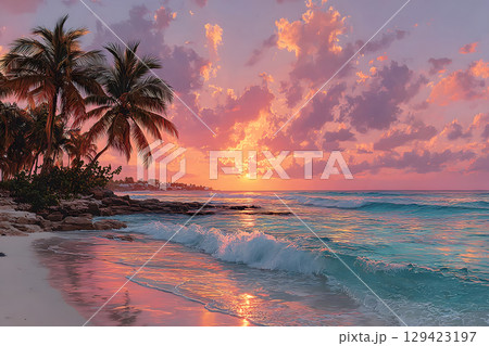 Tropical beach during sunset with blank sky area for overlay text or quote, perfect for travel ads, posters, or lifestyle designs. 129423197