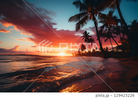 Tropical beach during sunset with blank sky area for overlay text or quote, perfect for travel ads, posters, or lifestyle designs. 129423226