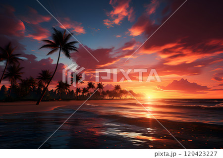 Tropical beach during sunset with blank sky area for overlay text or quote, perfect for travel ads, posters, or lifestyle designs. 129423227