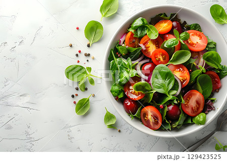 Healthy meal flat lay with blank space for menu or text, ideal for restaurants, cafes, or health food promotions. Healthy meal flat lay with blank space for menu or text, ideal for restaurants, cafes, or health food promotions. 129423525