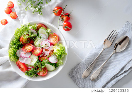 Healthy meal flat lay with blank space for menu or text, ideal for restaurants, cafes, or health food promotions. Healthy meal flat lay with blank space for menu or text, ideal for restaurants, cafes, or health food promotions. 129423526