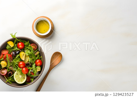 Healthy meal flat lay with blank space for menu or text, ideal for restaurants, cafes, or health food promotions. Healthy meal flat lay with blank space for menu or text, ideal for restaurants, cafes, or health food promotions. 129423527