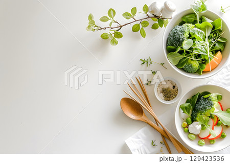 Healthy meal flat lay with blank space for menu or text, ideal for restaurants, cafes, or health food promotions. Healthy meal flat lay with blank space for menu or text, ideal for restaurants, cafes, or health food promotions. 129423536