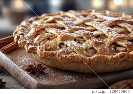 シナモン風味のリンゴのフィリングがのぞいているアップルパイ 129423600