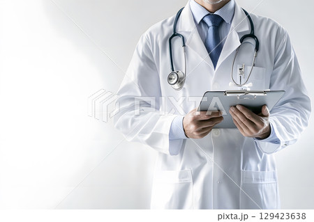 Professional doctor with clipboard and stethoscope on white background, with copy space for medical info, health ads, or educational materials. 129423638