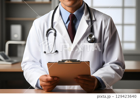 Professional doctor with clipboard and stethoscope on white background, with copy space for medical info, health ads, or educational materials. 129423640