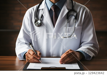 Professional doctor with clipboard and stethoscope on white background, with copy space for medical info, health ads, or educational materials. 129423642
