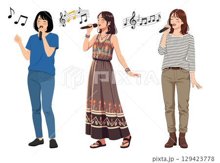マイクで歌う3人の若い女性のベクターイラストセット 129423778