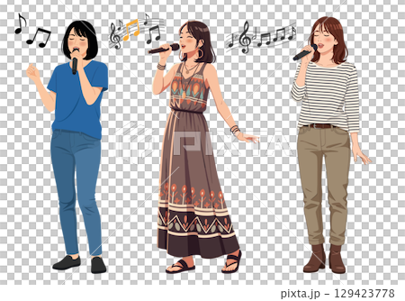 三位年輕女子用麥克風唱歌的向量插圖集 三位年輕女子用麥克風唱歌的向量插圖集 129423778