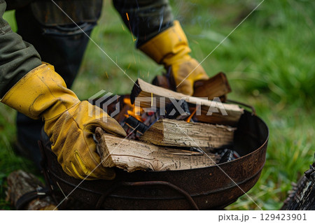 焚き火を準備する手元のアップ 129423901