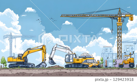 Construction site with crane, excavator, and scaffolding. design for building and development projects. Construction site with crane, excavator, and scaffolding. design for building and development projects. 129423918