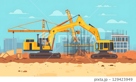 Construction site with crane, excavator, and scaffolding. design for building and development projects. 129423949