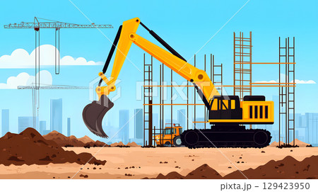Construction site with crane, excavator, and scaffolding. design for building and development projects. 129423950