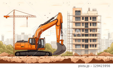 Construction site with crane, excavator, and scaffolding. design for building and development projects. 129423956