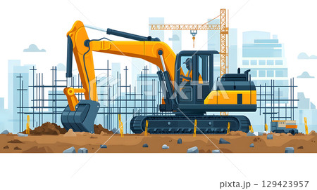 Construction site with crane, excavator, and scaffolding. design for building and development projects. 129423957