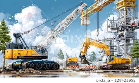Construction site with crane, excavator, and scaffolding. design for building and development projects. 129423958
