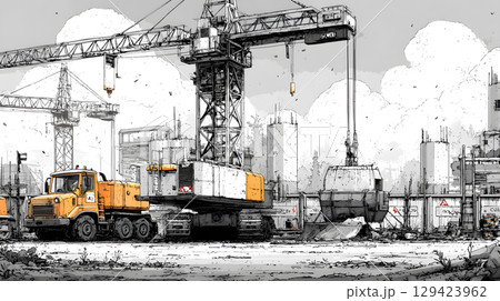 Construction site with crane, excavator, and scaffolding. design for building and development projects. 129423962