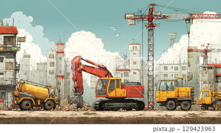 Construction site with crane, excavator, and scaffolding. design for building and development projects. 129423963