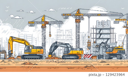 Construction site with crane, excavator, and scaffolding. design for building and development projects. 129423964