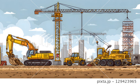 Construction site with crane, excavator, and scaffolding. design for building and development projects. 129423965