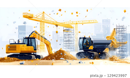 Construction site with crane, excavator, and scaffolding. design for building and development projects. 129423997