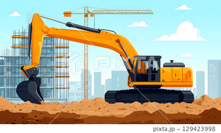 Construction site with crane, excavator, and scaffolding. design for building and development projects. 129423998