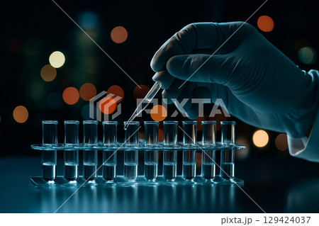 AI generated ultra realistic close up of a gloved hand using a pipette in a modern lab at night with glass test tubes and neon bokeh background 129424037