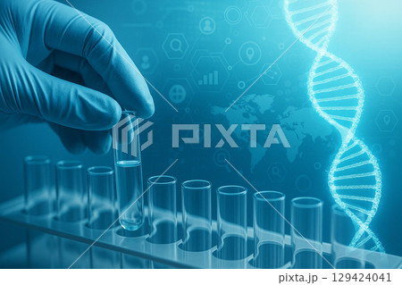 AI generated futuristic biotechnology concept showing DNA molecular overlay with glass test tubes in sterile scientific lab illuminated in blue tone 129424041