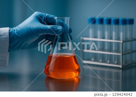 AI generated close up of gloved hand holding Erlenmeyer flask with orange liquid in modern lab showing precision cleanliness and scientific focus 129424042