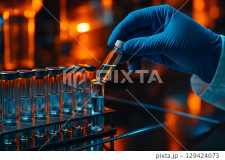 AI generated a blue gloved hand lifting a clear vial from a test tube rack under orange and blue lights reflecting a sterile high tech laboratory with focus on precision and order 129424073