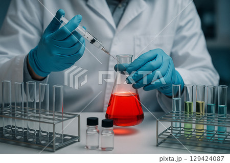 AI generated close up of scientist in lab coat using syringe with red liquid in glass flask surrounded by colorful test tubes showing precise laboratory procedure in clean research environment 129424087