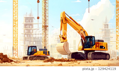 Construction site with crane, excavator, and scaffolding. design for building and development projects. Construction site with crane, excavator, and scaffolding. design for building and development projects. 129424119