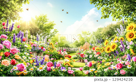 暖かく日当たりの良い背景に、生き生きとした庭の花や植物を飾ったガーデニングのコンセプト 129424210