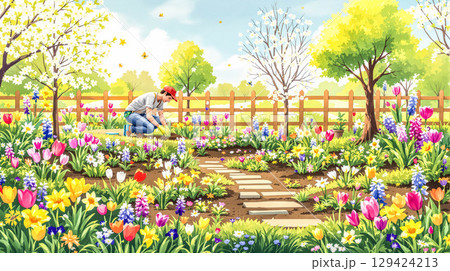 庭に春の花を植える楽しい活動 129424213