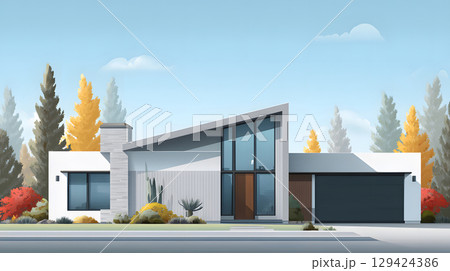 Modern single house with large windows, clean facade, and grey roof in front view. Minimal architecture projects. 129424386