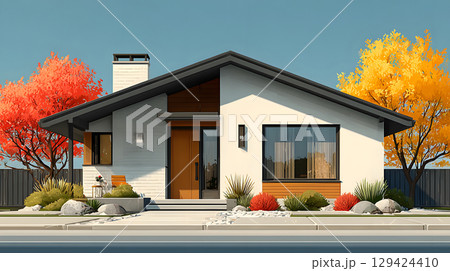 Modern single house with large windows, clean facade, and grey roof in front view. Minimal architecture projects. 129424410