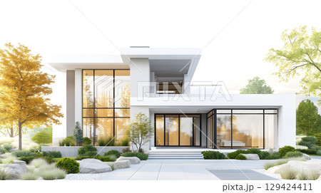Modern single house with large windows, clean facade, and grey roof in front view. Minimal architecture projects. 129424411
