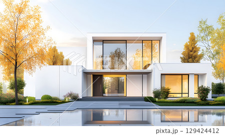 Modern single house with large windows, clean facade, and grey roof in front view. Minimal architecture projects. 129424412