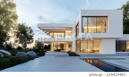 Modern single house with large windows, clean facade, and grey roof in front view. Minimal architecture projects. 129424461