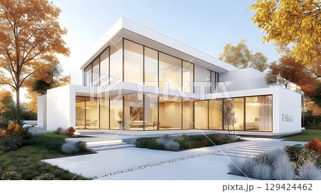 Modern single house with large windows, clean facade, and grey roof in front view. Minimal architecture projects. 129424462