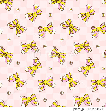 Cute Groovy Pencil Bow Back to School Seamless Pattern Smile Face School Supplies Girly Hand Drawn Doodle wallpaper. 129424474