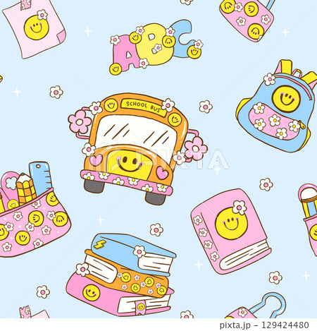 Cute Groovy School Bus Back to School Seamless Pattern Smile Face School Supplies Girly Hand Drawn Doodle wallpaper. Cute Groovy School Bus Back to School Seamless Pattern Smile Face School Supplies Girly Hand Drawn Doodle wallpaper. 129424480