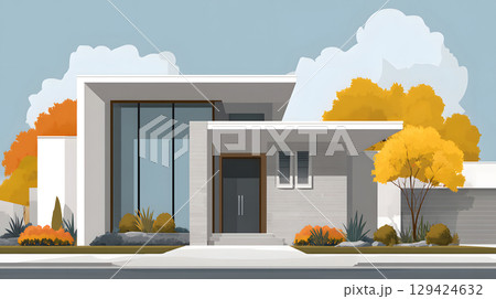 Modern single house with large windows, clean facade, and grey roof in front view. Minimal architecture projects. 129424632