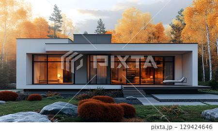 Modern single house with large windows, clean facade, and grey roof in front view. Minimal architecture projects. 129424646