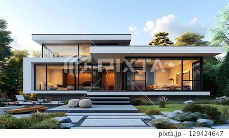 Modern single house with large windows, clean facade, and grey roof in front view. Minimal architecture projects. 129424647