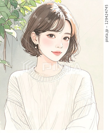 水彩画・手描きの女性・女の子のイラスト素材 129424745