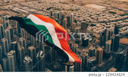 Large flag is flying over a city 129424824